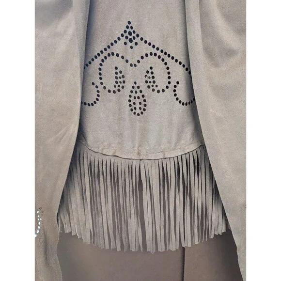 Curations Caravan Tan Faux Suede Laser Cut Fringe Wrap Shawl Studded Boho OS - Picture 8 of 16